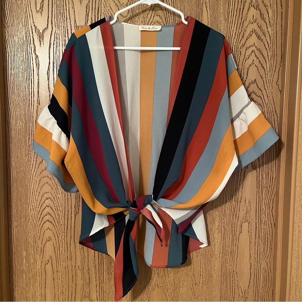 Vine & Love Striped Flutter Sleeve Tie-Front Blouse